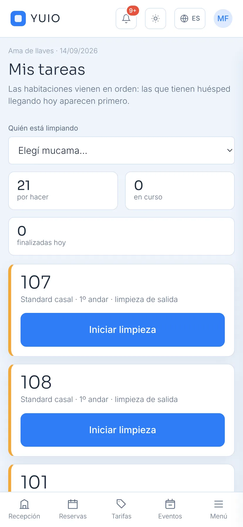 Pantalla de la mucama en el celular, con la lista de habitaciones a limpiar